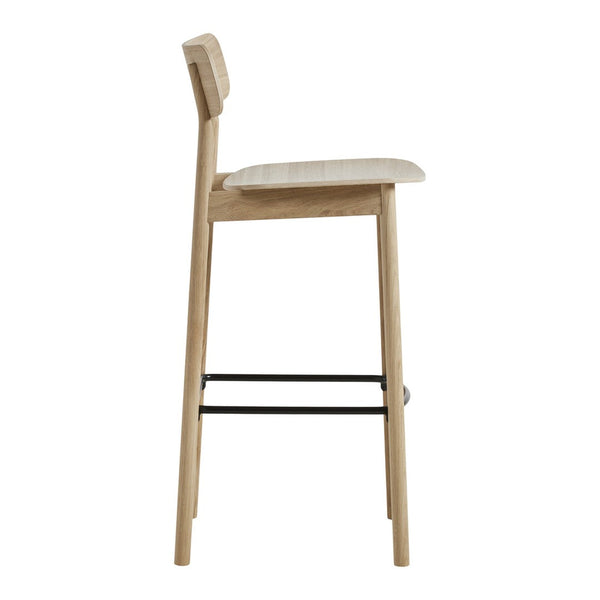 Light wood bar stool with a natural finish and black metal footrest, showcasing a minimalist design.