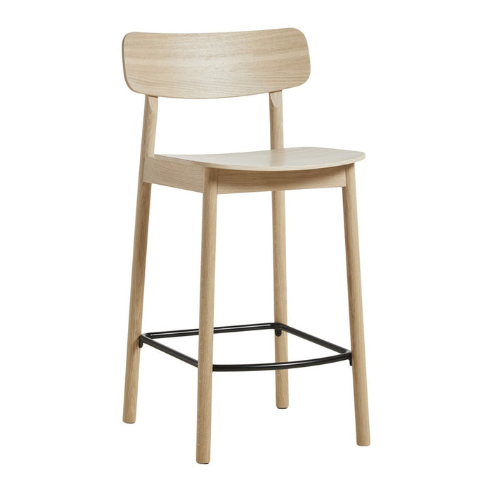 Natural light wood bar stool with a smooth finish and contrasting black metal footrest, showcasing minimalist design.