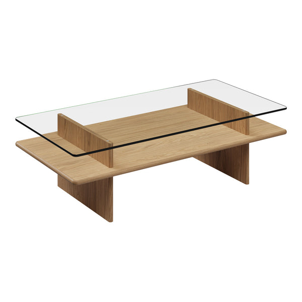 Natural wood coffee table with a sleek glass top, featuring clean lines and a minimalist, modern design.
