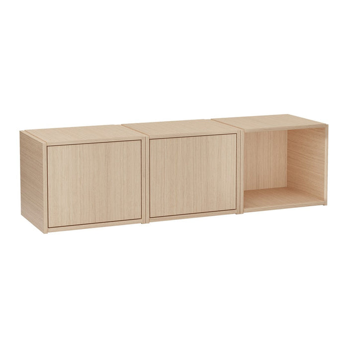 Light oak finish with a smooth texture; minimalist design featuring a combination of 2 closed and 1 open storage unit.