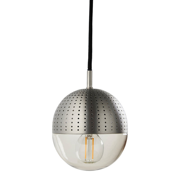 Silver pendant lamp with a perforated pattern and clear glass bottom, combining modern elegance with industrial style.