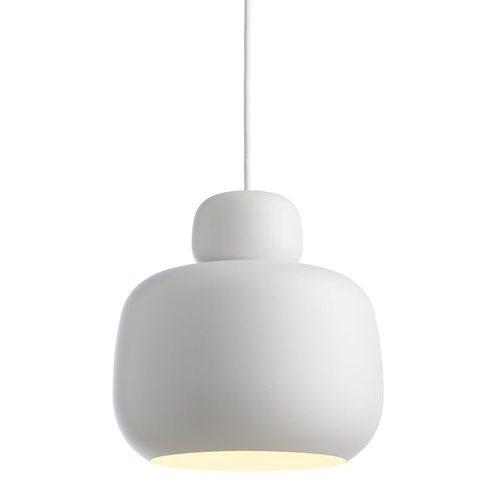 White pendant lamp with a smooth, rounded shape and soft yellow glow. Minimalist design for modern decor.