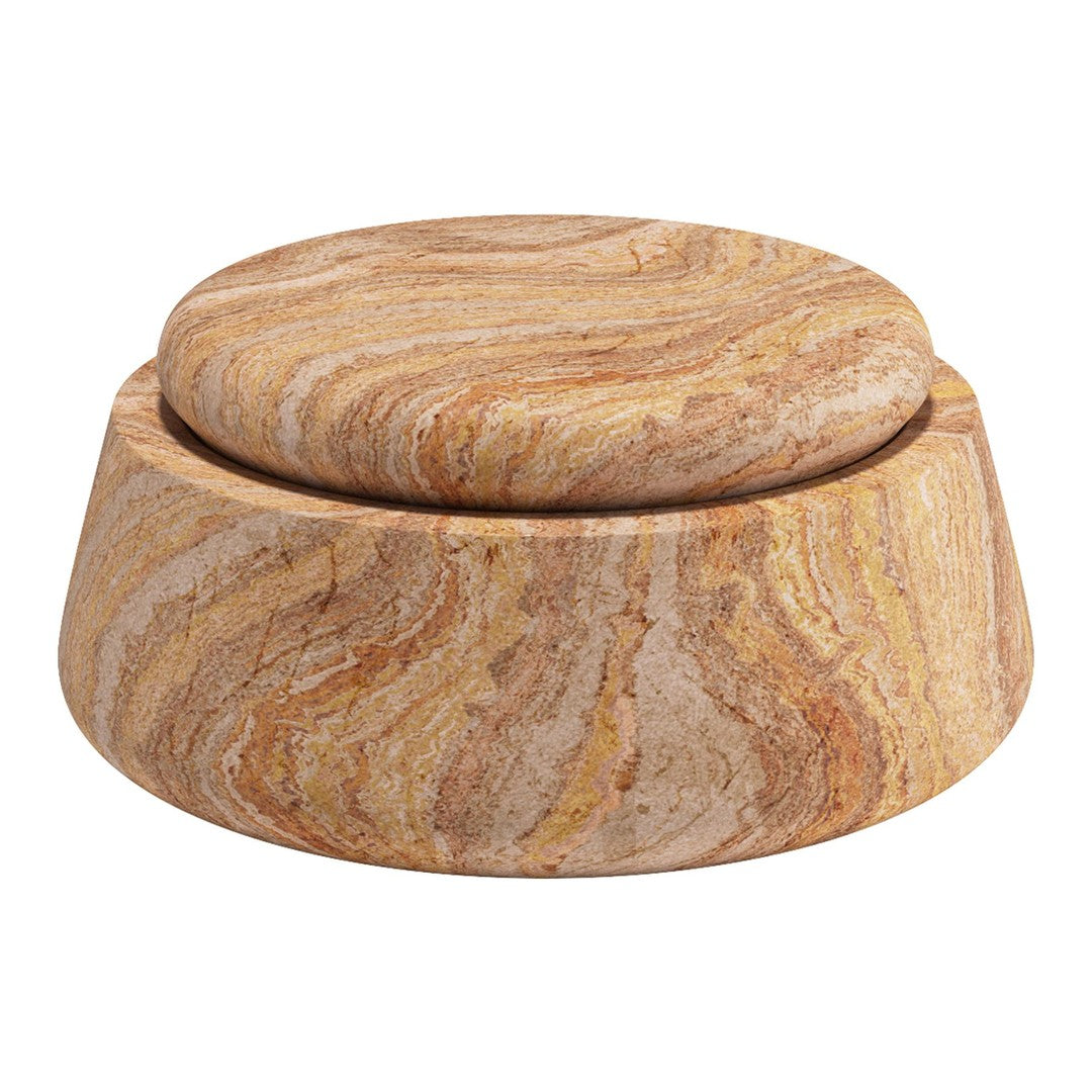 Textured stone storage container featuring warm hues of golden yellow, rust, and cream with swirling patterns.