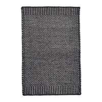Gray woven rug with a textured pattern, featuring a dark border and a subtle light undertone. Ideal for modern decor.