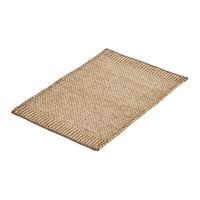 Natural beige woven rug with a textured pattern and contrasting border design. Ideal for any rustic decor.