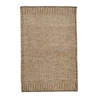 Natural woven jute rug in warm tan and brown tones with a textured, simple pattern. Perfect for rustic decor.