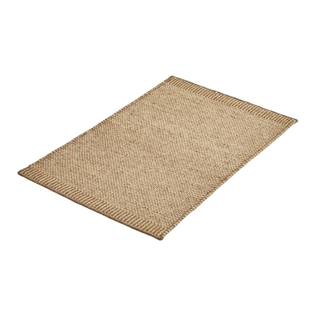 Natural beige rectangular rug with a textured pattern and woven border for a cozy touch. Perfect for any decor.