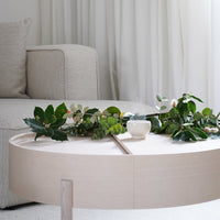 Neutral beige coffee table adorned with lush green foliage and a white ceramic bowl, set against a light, airy backdrop.