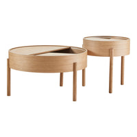 Light wood round coffee tables with contrasting natural and smooth finishes and minimalist design.