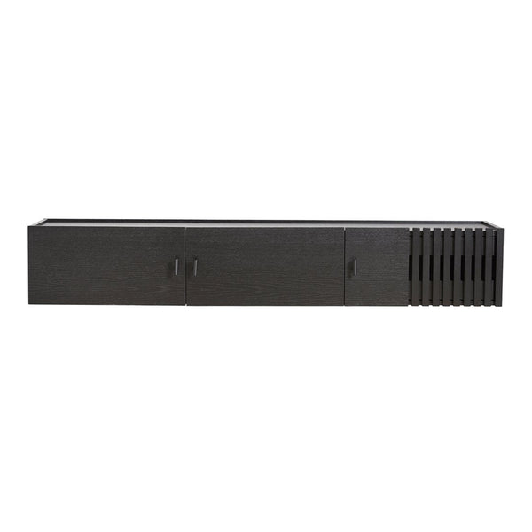 Sleek black wooden TV stand with a minimalist design featuring horizontal grooves and smooth surfaces.