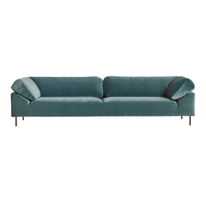 Teal velvet sofa with a smooth texture and modern design, featuring soft, rounded arms and sleek black legs.