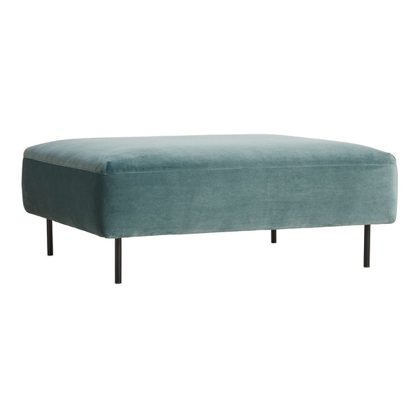 Teal velvet ottoman with a rectangular shape and sleek black metal legs, perfect for modern decor.