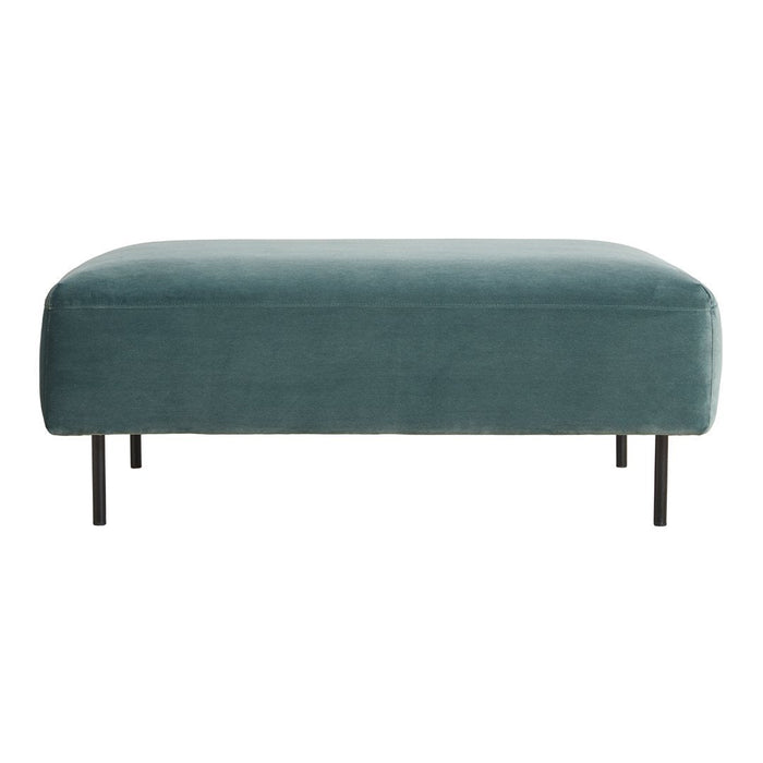 Teal velvet ottoman with a smooth texture and minimalistic design, featuring sleek black legs. Perfect for modern decor.