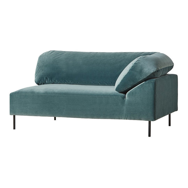 Turquoise velvet sofa with a unique asymmetrical design and black metal legs, perfect for modern decor.