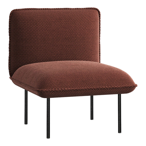 Rust-colored chair with textured fabric, featuring a sleek black metal frame and minimalist design.