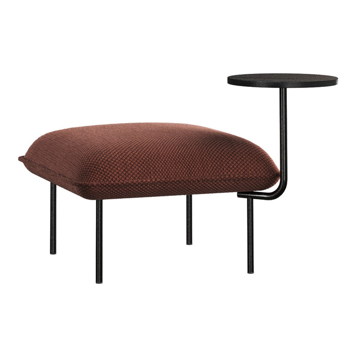 Brown textured cushion with black metal side table, modern minimalist design perfect for contemporary decor.