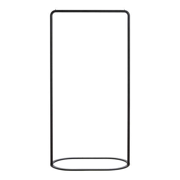 Sleek black metal frame with a minimalist cylindrical design, ideal for modern decor.
