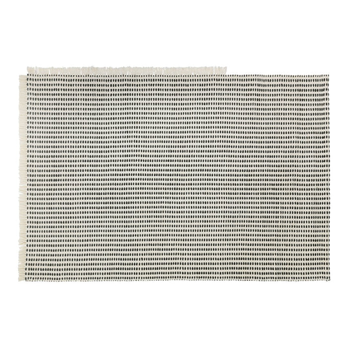 Neutral beige and cream rectangular rug with subtle black striped pattern. Perfect for modern, minimalist decor.