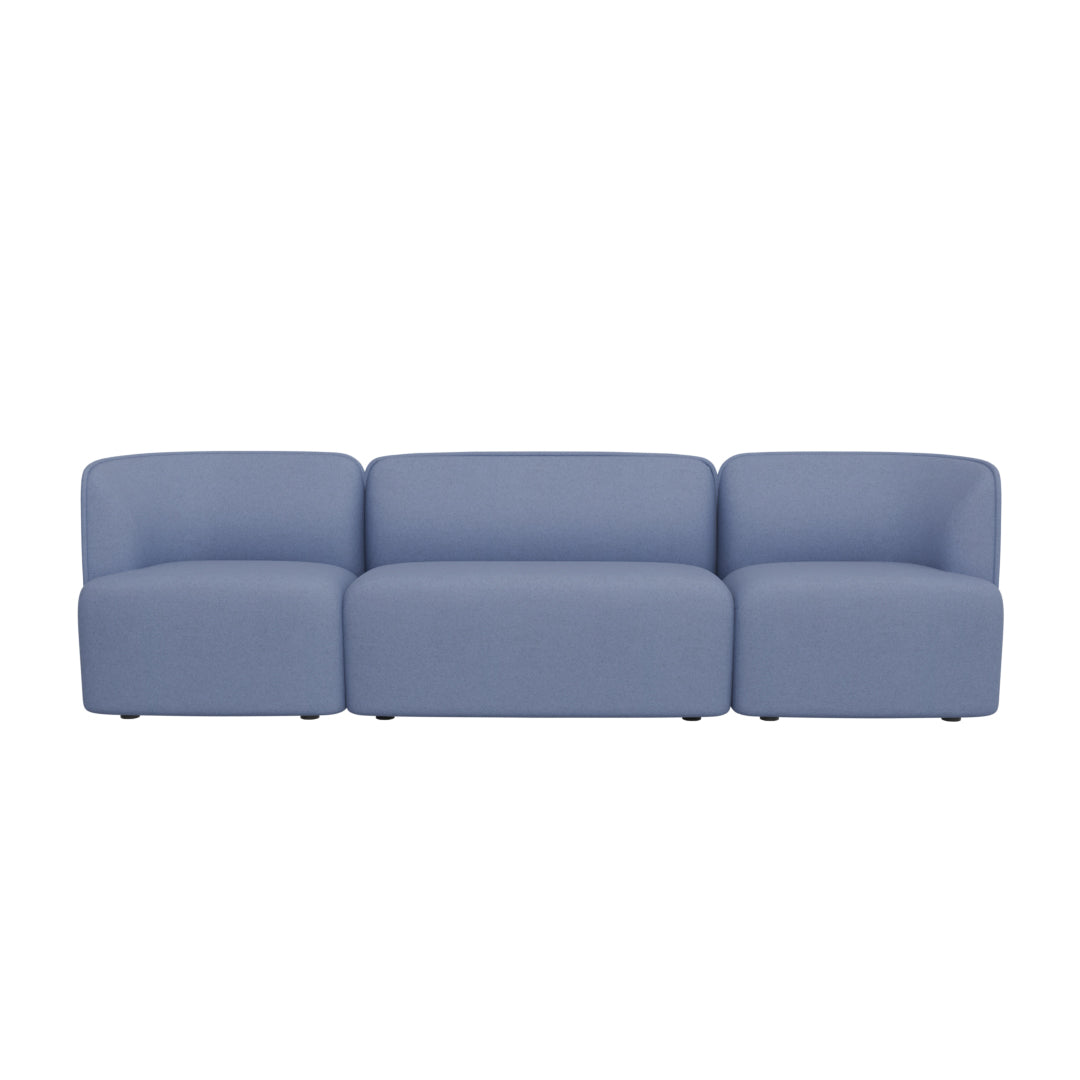 Sleek, modern sofa in soft blue fabric with a smooth, minimalist design and no visible patterns.