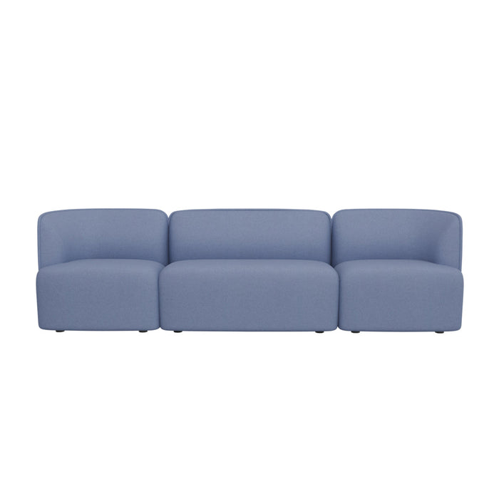 Sleek, modern sofa in soft blue fabric with a smooth, minimalist design and no visible patterns.