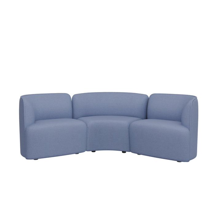 Stylish three-piece sectional sofa in soft blue upholstery with a smooth, curved design. Ideal for modern spaces.