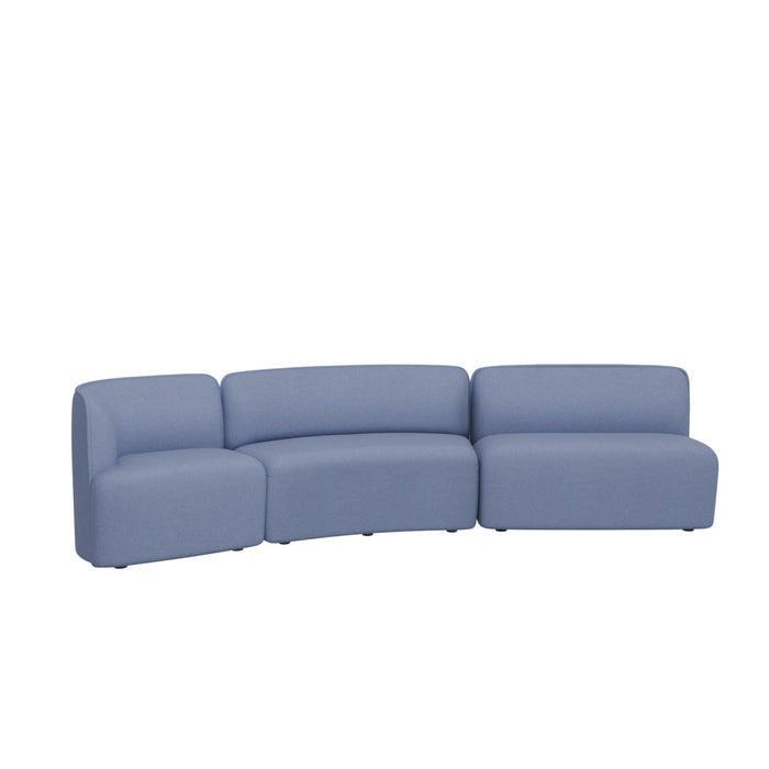 Curved blue sofa with smooth, modern design and soft texture, perfect for contemporary living spaces.