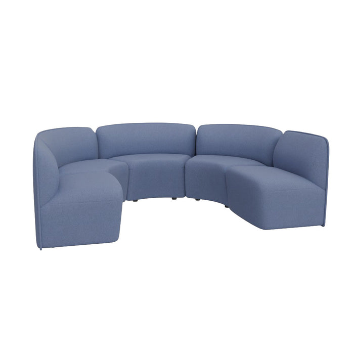 Curved sectional sofa in soft blue fabric with a smooth, minimalist design and contemporary silhouette.