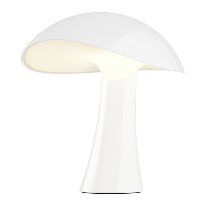 Sleek white mushroom-shaped lamp with a glossy finish and soft, diffused light. Ideal for modern decor.