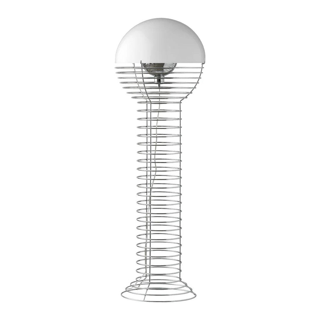 Minimalist white lamp with a curved base and spiral wire design. Sleek, modern aesthetic for contemporary decor.
