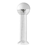 Minimalist white lamp with a curved base and spiral wire design. Sleek, modern aesthetic for contemporary decor.