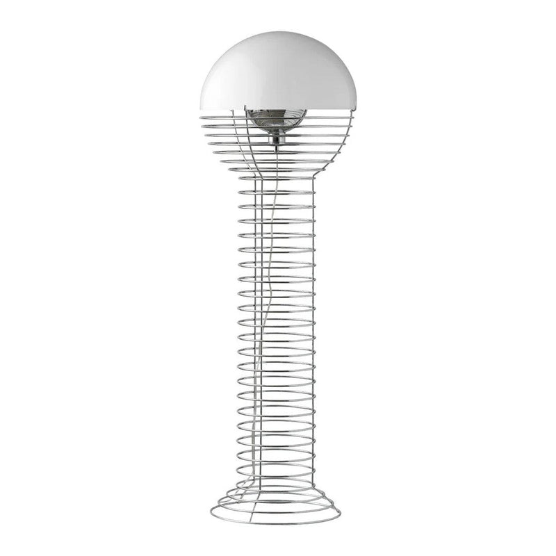 Minimalist white lamp with a curved base and spiral wire design. Sleek, modern aesthetic for contemporary decor.