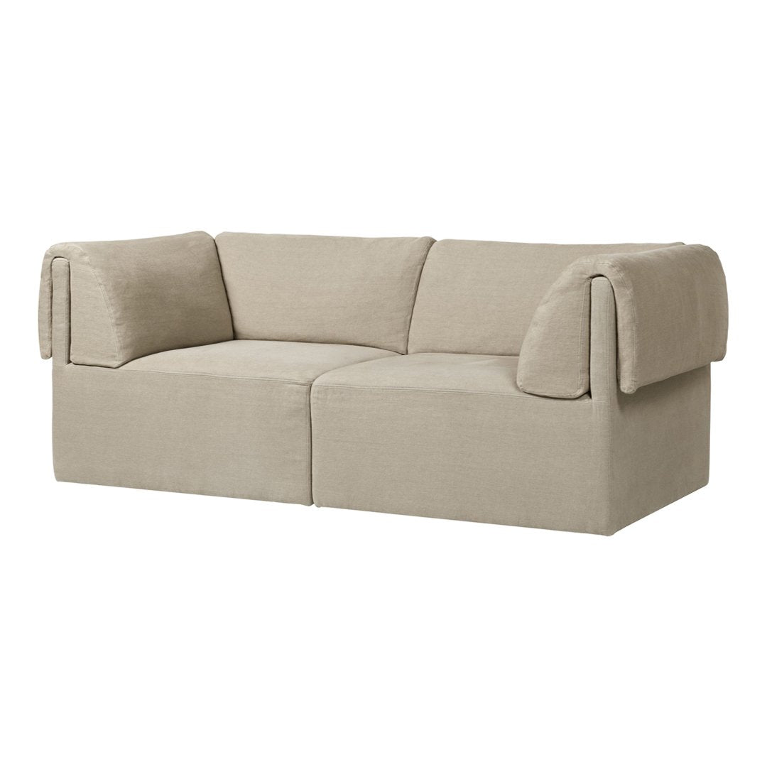 Light beige sofa with smooth, textured fabric and minimalist design. Ideal for modern living spaces.