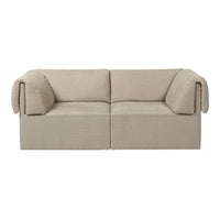 Beige upholstered sofa with minimalist design and soft, rounded armrests, perfect for modern interiors.