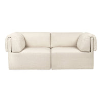 Beige two-seater sofa with a textured fabric and rounded arms, perfect for minimalist decor.