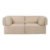Beige two-seater sofa with rounded armrests and a textured fabric pattern for a cozy and modern look.