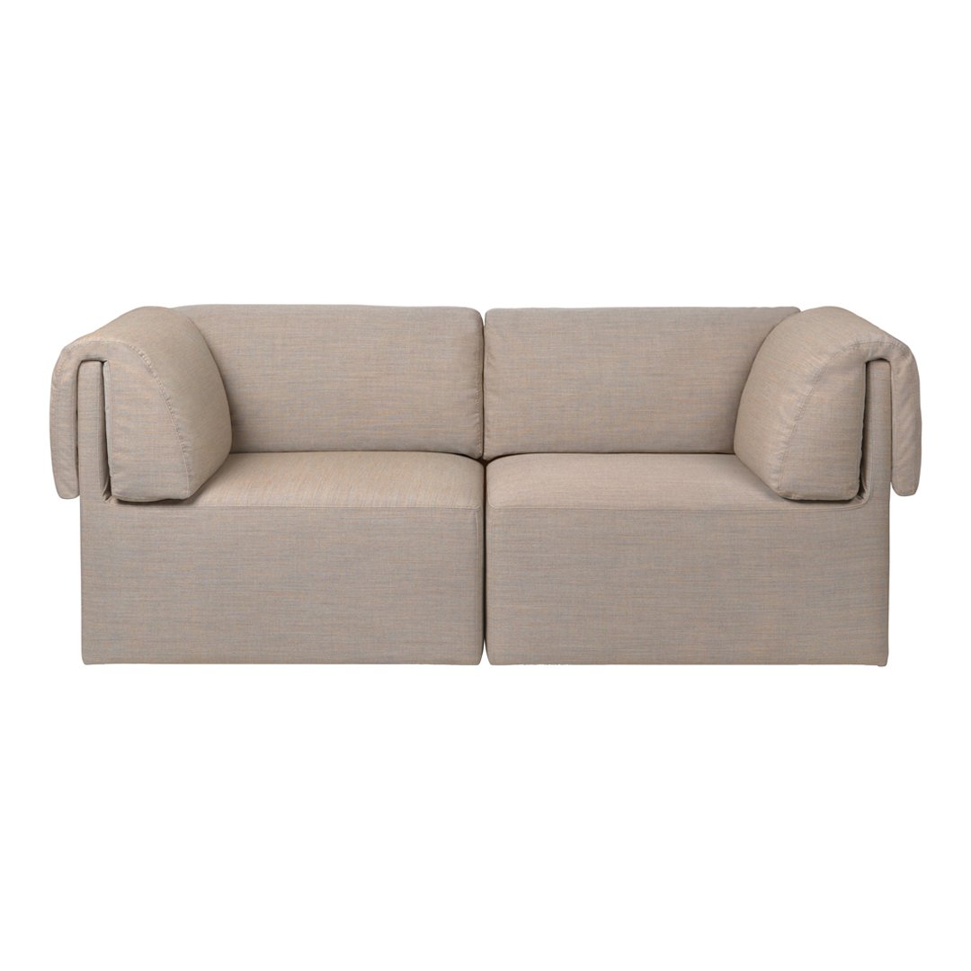 Beige two-seater sofa with smooth, textured fabric and minimalist design. Perfect for modern interiors.