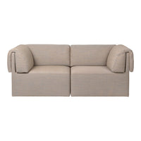 Beige two-seater sofa with smooth, textured fabric and minimalist design. Perfect for modern interiors.