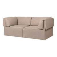 Beige two-seater sofa with a textured, woven fabric and relaxed, rolled armrests for a modern, cozy look.