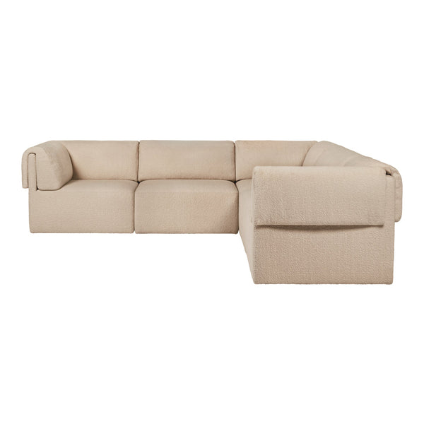 Beige sectional sofa with smooth, textured fabric and minimalistic design, perfect for modern living spaces.