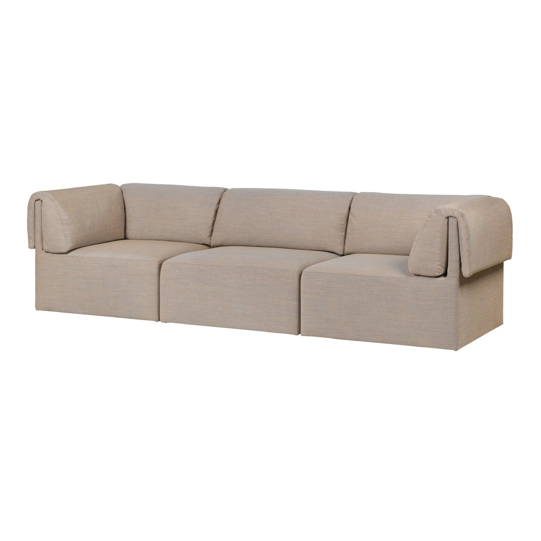 Beige sofa with a textured fabric and clean lines, featuring a minimalist and modern design. Perfect for any living space.