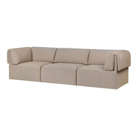 Beige sofa with a textured fabric and clean lines, featuring a minimalist and modern design. Perfect for any living space.