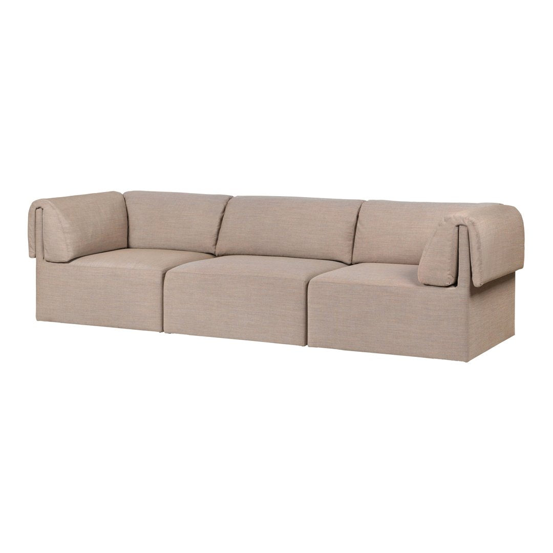 Beige modular sofa with a smooth fabric texture and minimalistic design, perfect for modern living spaces.