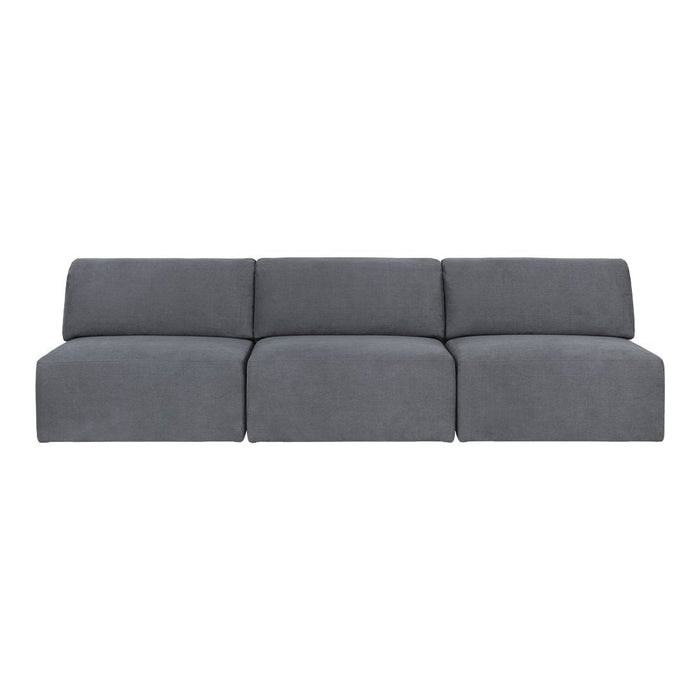 Modern gray fabric sofa with clean lines and a minimalist design, perfect for contemporary living spaces.