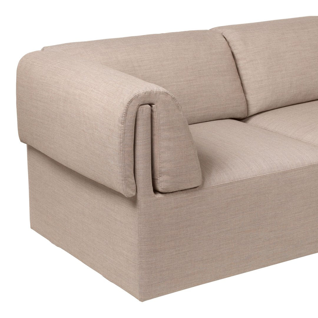 Beige linen fabric sofa with a minimalist design and seamless cushion detailing. Perfect for modern interiors.