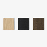 Three wood color samples: light oak, deep black, and rich dark brown with textured finishes.