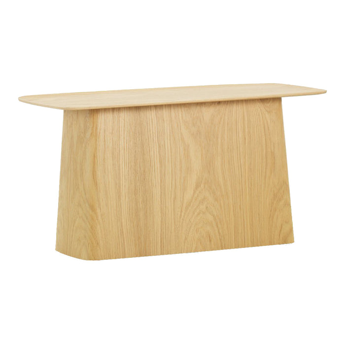 Minimalist wooden console table in natural light oak finish, featuring a smooth, refined texture and simple geometric design.