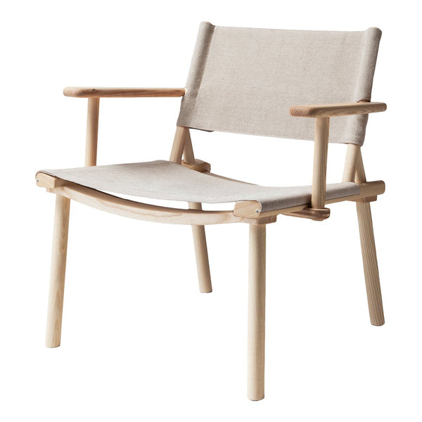 Light beige fabric armchair with a natural wood frame, featuring a minimalist design and clean lines.