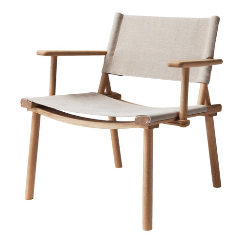 Light beige fabric chair with natural wood frame, featuring a minimalist design and simple, clean lines.