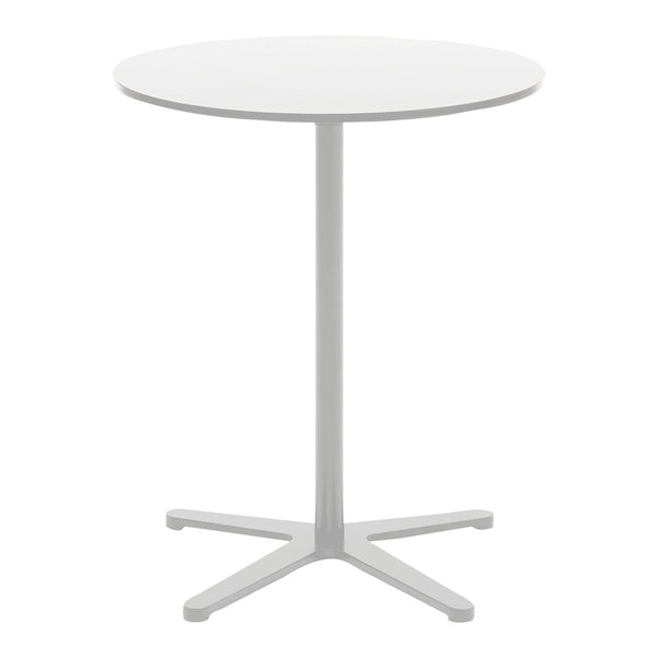 Round white table with a sleek design and a minimalist gray base, perfect for modern decor.