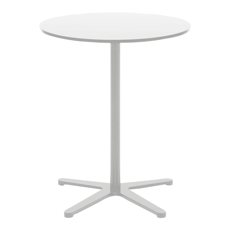 Round white table with a sleek design and a minimalist gray base, perfect for modern decor.